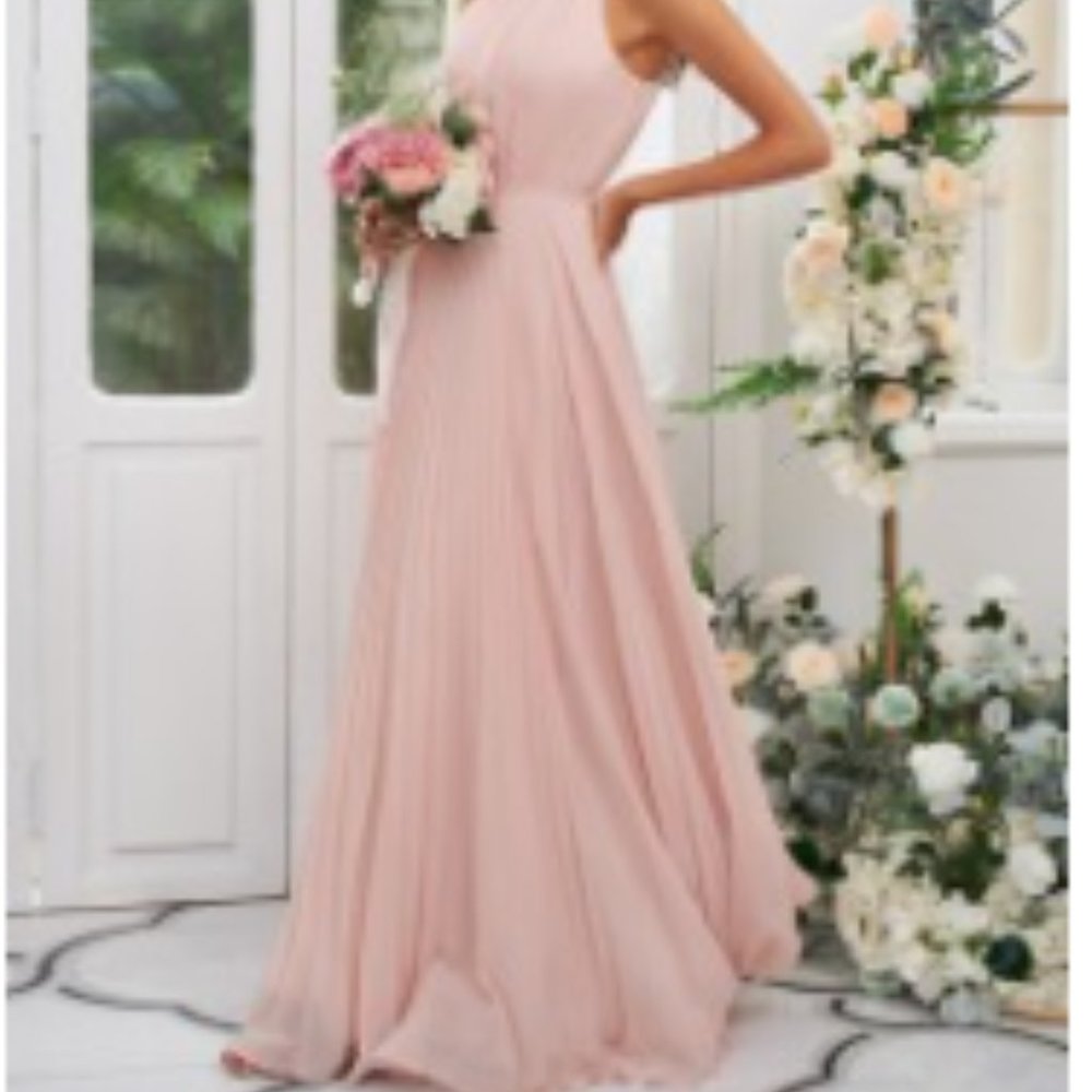 Hebeos A-Line/Princess Chiffon Ruffles Halter Sleeveless Floor-Length Dress